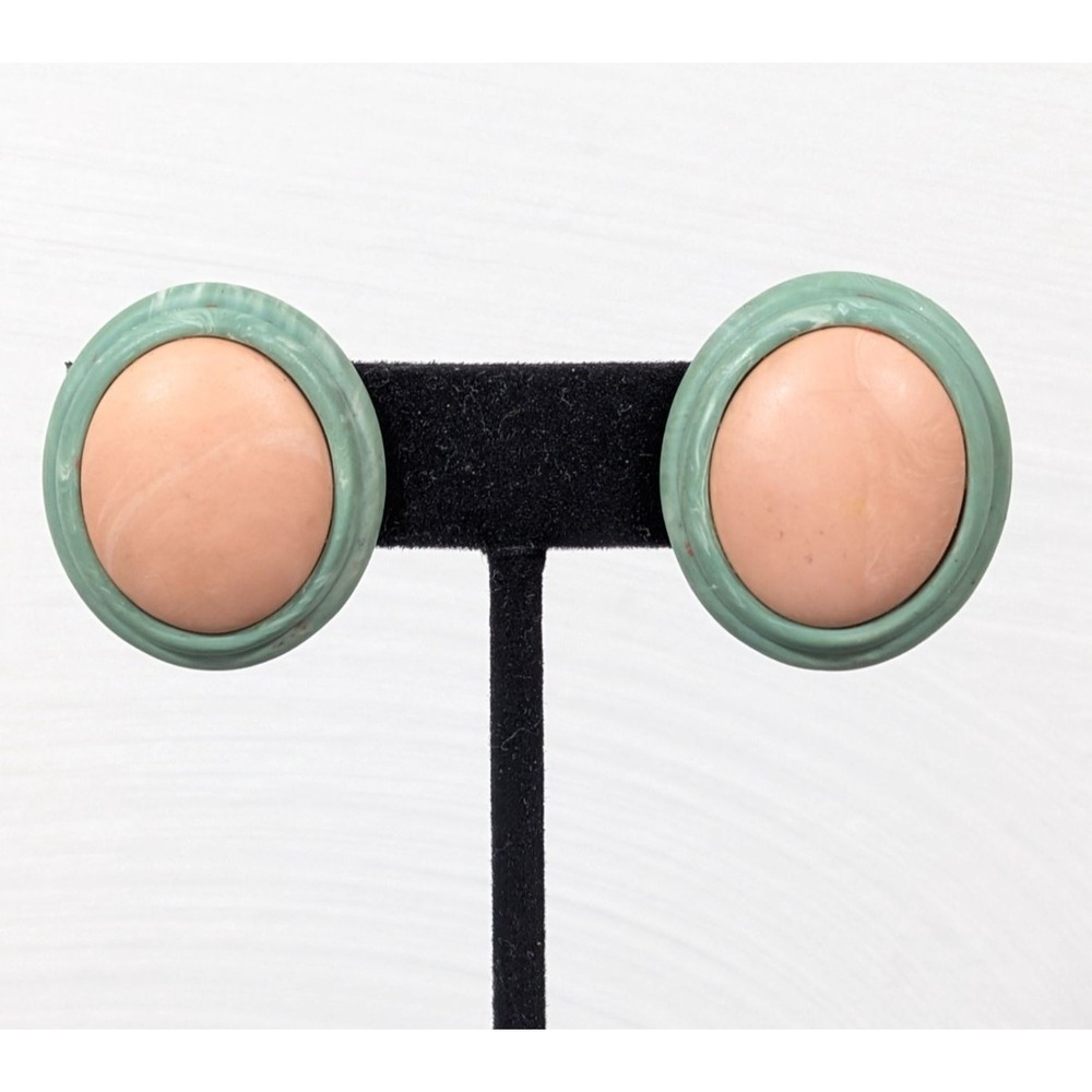 Vintage Green Peach Acrylic Oval Clip On Earrings Statement
